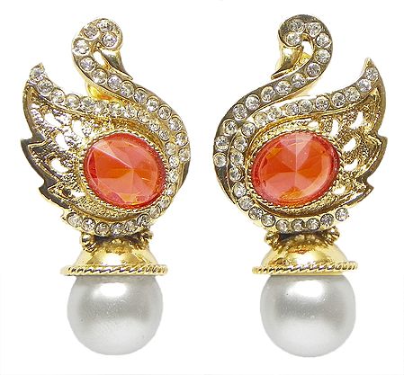 Swan Earrings Studded with Faux Zirconia and Amber