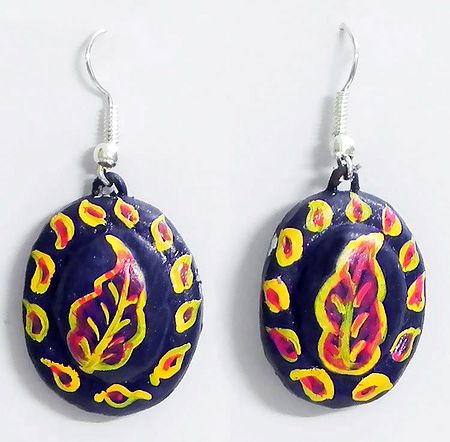Pair of Hand Painted Yellow with Red Design on Blue Terracotta Dangle Earrings