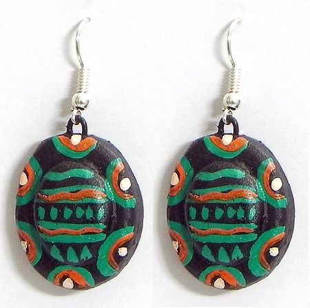 Pair of Hand Painted Green with Saffron Design on Black Terracotta Dangle Earrings