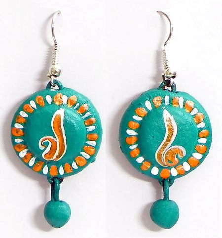 Pair of Hand Painted Saffron with White Design on Cyan Terracotta Dangle Earrings