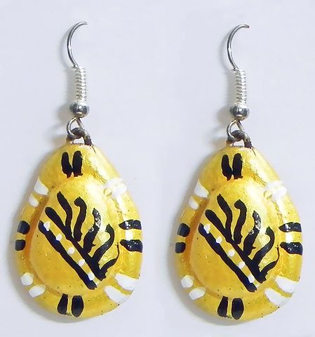Pair of Hand Painted Black with White Design on Yellow Terracotta Dangle Earrings
