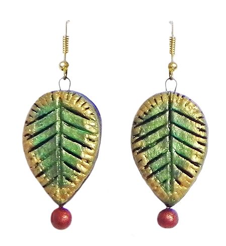 Hand Painted Green with Yellow Leaf Design Terracotta Dangle Earrings