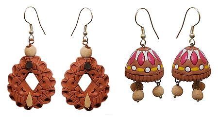 Set of 2 Pairs Hand Painted Terracotta Dangle and Jhumka Earrings