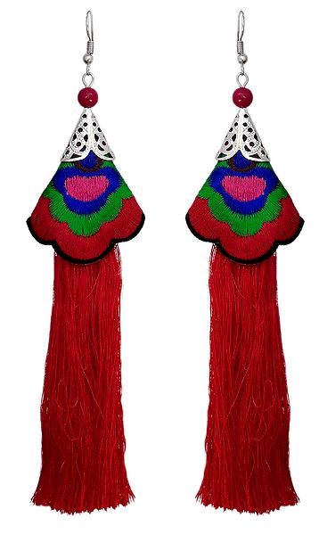 Embroidered Red Silk Thread Earrings