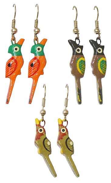 Set of 3 Pairs Wooden Bird Earrings