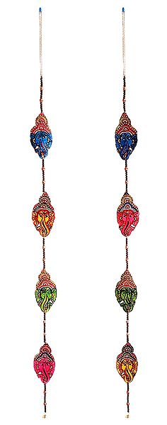 Set of 2 Hand Painted Hanging Ganesha Face with Beads - Perforated Leather Crafts