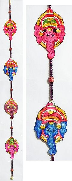 Hand Painted Hanging Ganesha Faces with Beads - Perforated Leather Crafts from Andhra Pradesh