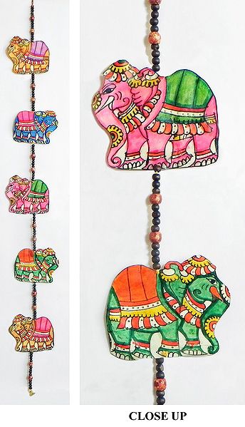 Hand Painted Hanging Elephants with Beads - Perforated Leather Crafts from Andhra Pradesh