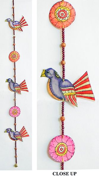 Hand Painted Hanging Birds with Beads - Perforated Leather Crafts from Andhra Pradesh