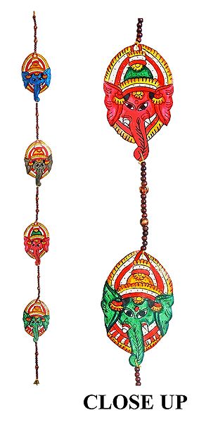 Hand Painted Hanging Ganesha Faces with Beads - Perforated Leather Crafts from Andhra Pradesh