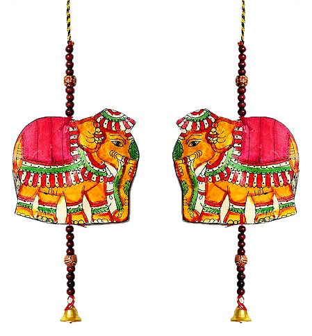 Set of 2 Hand Painted Hanging Elephant with Beads - Perforated Leather Crafts