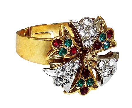 Green, Red, White Stone Studded Adjustable Ring