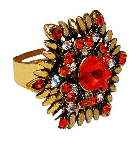 Saffron and White Stone Studded Adjustable Ring