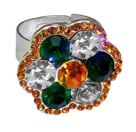 Green, White, Saffron Stone Studded Adjustable Ring
