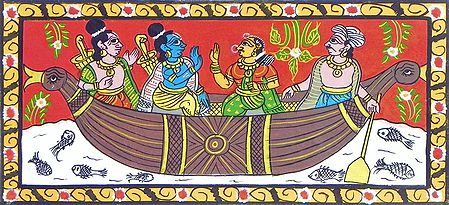 Nishad King Rows Rama, Lakshmana and Sita Accross the River.                                                                                                                                                                                                   