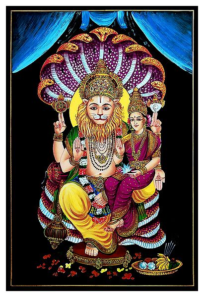 Narasimha Avatar with Lakshmi - Nirmal Painting on Wood