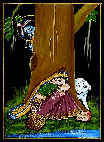 Krishna Peeping at Radha - Nirmal Painting on Wood