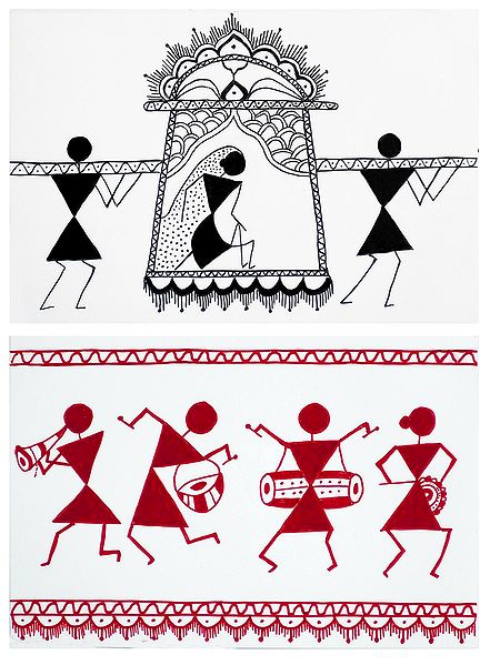 Bride in a Palanquin and Musician in Procession - Set of 2 Warli Paintings on Unframed Photographic Paper