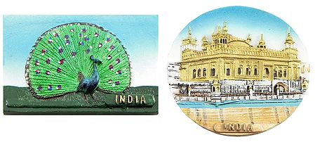 Peacock and Harmandir Sahib Temple in Amritsar - Set of 2 Magnets