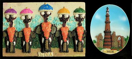 Elephant Procession in Kerala and Qutab Minar in Delhi - Set of Two Magnets