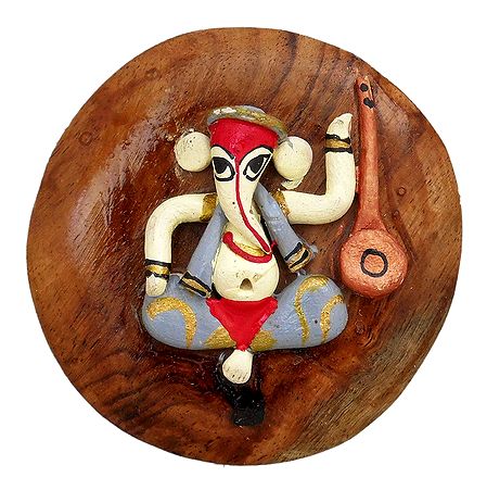 Stone Dust Musician Ganesha on Wooden Base - Magnet