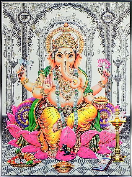Lord Ganesha Sitting on Lotus - (Poster with Glitter)