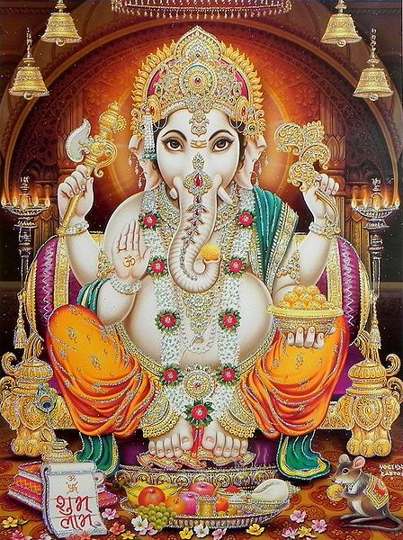 Lord Ganesha Sitting on a Throne - (Poster with Glitter)