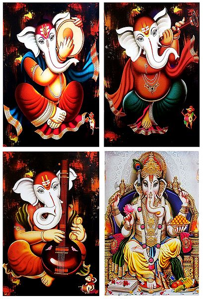 Musician Ganesha and King Ganesha - Set of 4 Posters