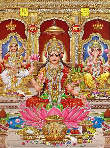 Lakshmi,Saraswati and Ganesha - (Poster with Glitter)