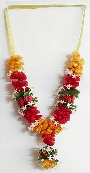 Yellow with Red and Green Ribbon Artificial Garland with Red Rose