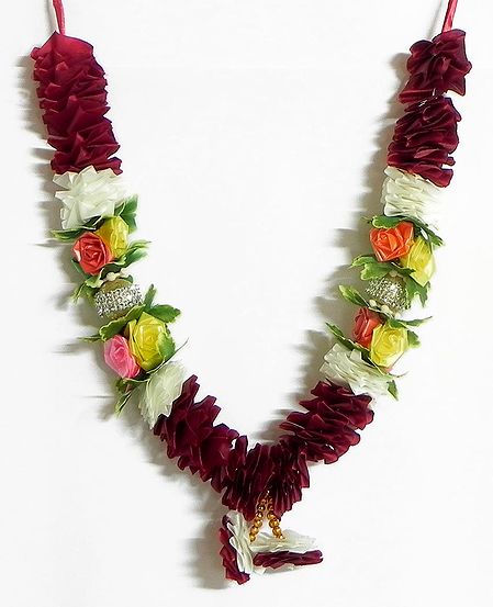 Maroon and White Ribbon Garland with Multicolor Roses