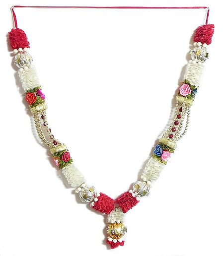 White with Maroon Ribbon and Golden Bead Garland with Multicolor Roses