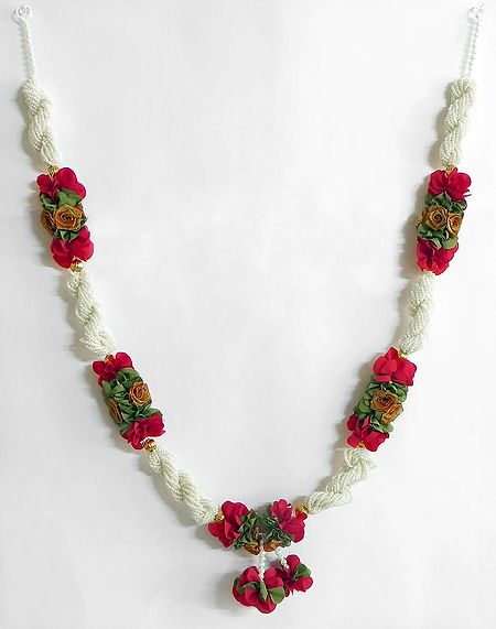 Artificial White Beaded Garland with Red Ribbon Roses