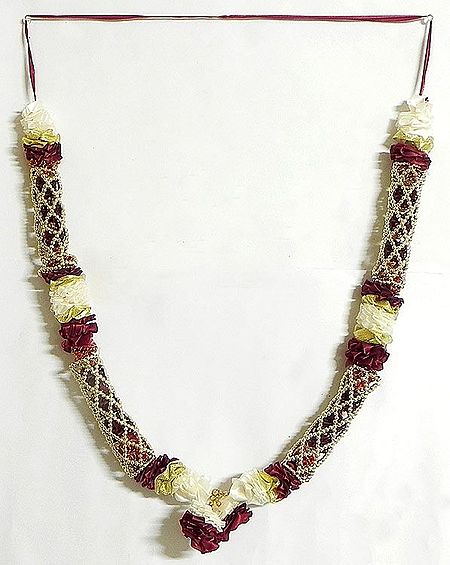 Maroon and White Ribbon Artificial Flower Garland with Neted Beads