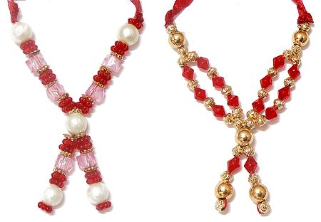 Set of 2 Red and Golden Beaded Small Garland for Deity