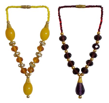 Set of 2 Yellow and Purple Beaded Small Garlands for Deity