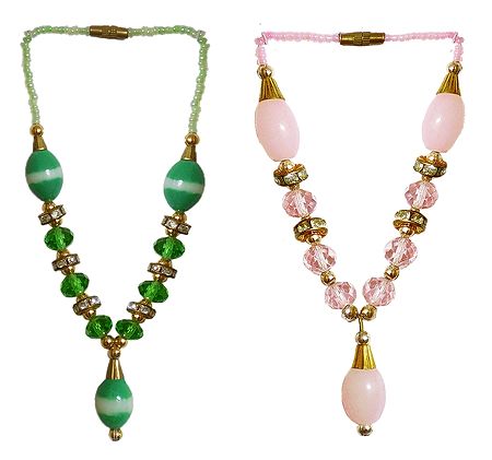 Set of 2 Pink and Green Beaded Small Garlands for Deity