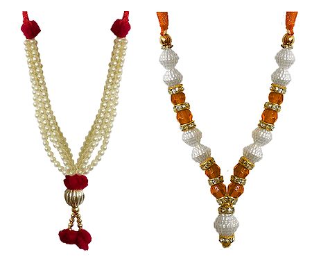 Set of 2 White, Saffron and Golden Beaded Small Garlands for Deity