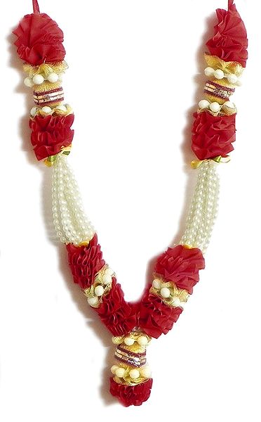 Red and Golden Ribbon with White Bead Garland