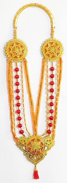 Golden with Red Multistrand Artificial Bead Garland with Golden Pendant