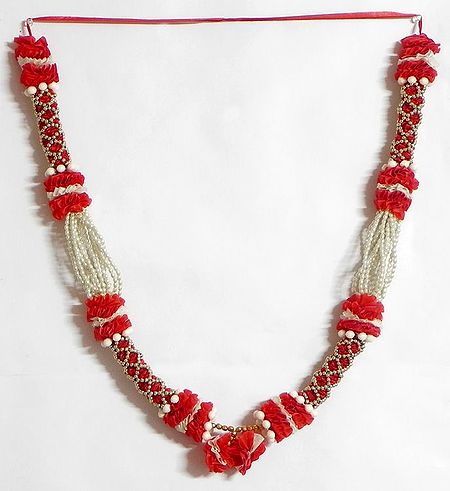 Red and White Ribbon Artificial Flower Garland with Beads