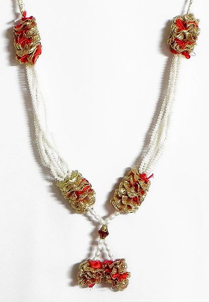 White Beaded Garland with Red and Golden Ribbon