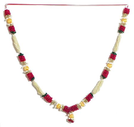 Maroon Ribbon and White Bead Garland with Yellow Thread Balls