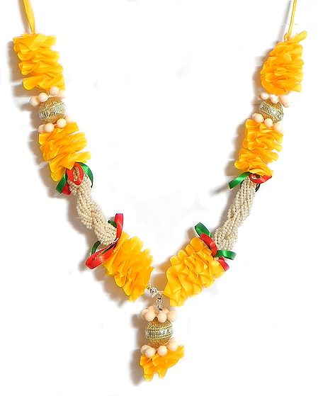Yellow Silk Ribbon Garland with Small White Beads