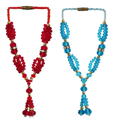 Set of 2 Red and Blue Beaded Small Garlands for Deity