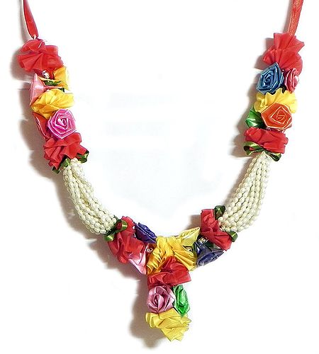 Multicolor Satin Ribbon Rose Garland with White Beads