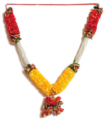 Red and Dark Yellow Satin Ribbon Garland with Beads