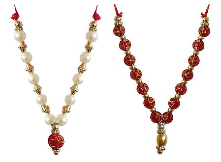 Set of 2 White, Red and Golden Beaded Small Garlands for Deity