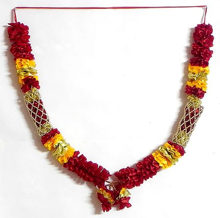 Red, Yellow and Golden Ribbon Artificial Flower Garland with Beads