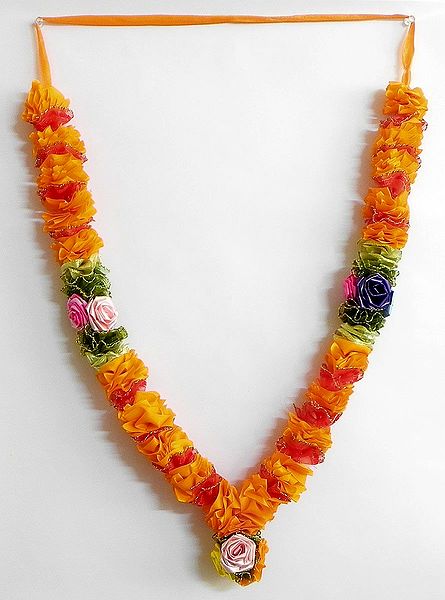 Saffron Ribbon Artificial Garland with Multicolor Roses